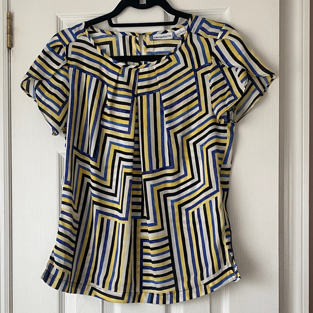 Liz Claiborne Women's Blue and Yellow Geometric Blouse
